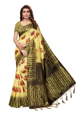 Lemon printed art silk saree with blouse 1