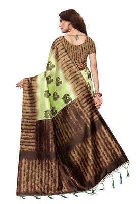 Parrot green printed art silk saree with blouse 4