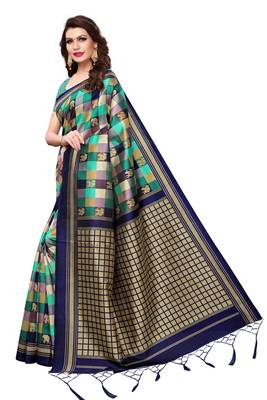 Green printed art silk saree with blouse 2