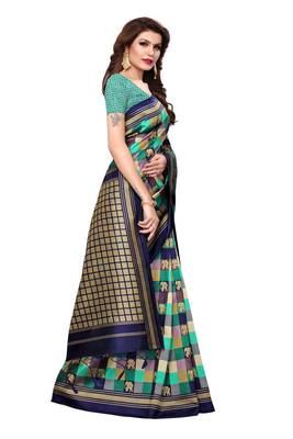 Green printed art silk saree with blouse 3