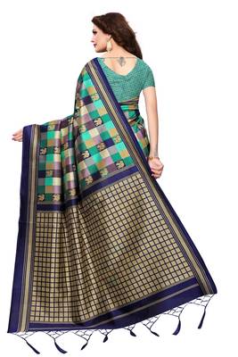Green printed art silk saree with blouse 4