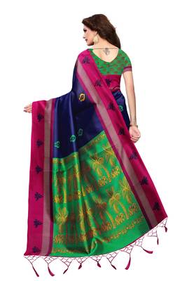 Blue printed art silk saree with blouse 4