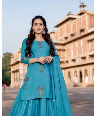 teal blue embroidered Rayon stitched salwar with dupatta 1
