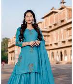 teal blue embroidered Rayon stitched salwar with dupatta