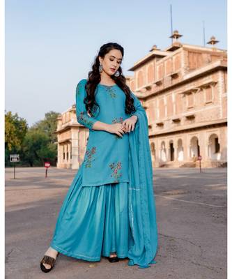 teal blue embroidered Rayon stitched salwar with dupatta 2