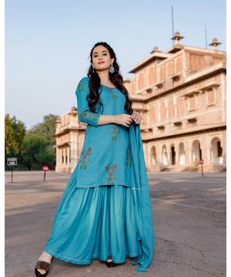 teal blue embroidered Rayon stitched salwar with dupatta 3