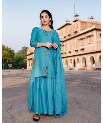 teal blue embroidered Rayon stitched salwar with dupatta 4