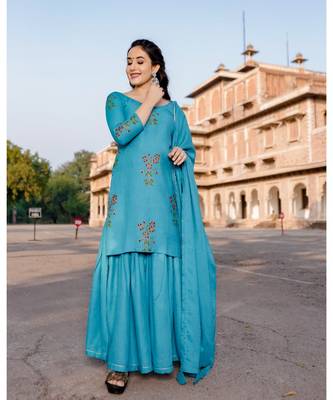 teal blue embroidered Rayon stitched salwar with dupatta 5