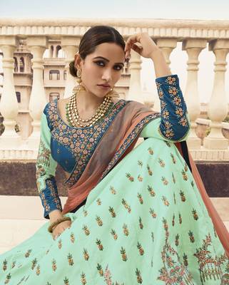 Sea Green Embroidered Silk Semi Stitched Lehenga With Dupatta 3