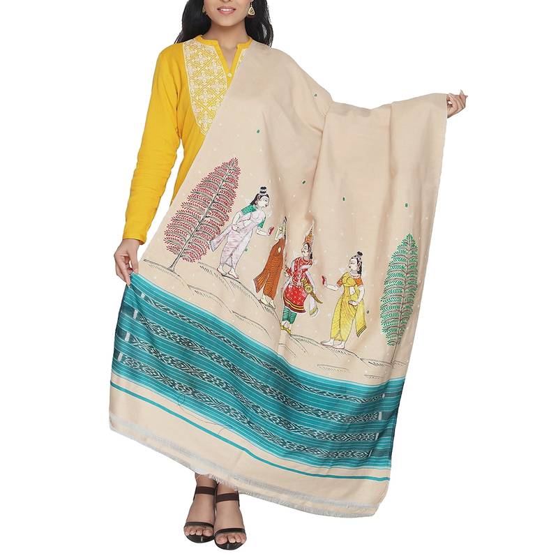 Beige hand print Cotton dupattas