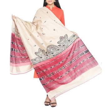 Beige hand print dupion silk dupattas 1