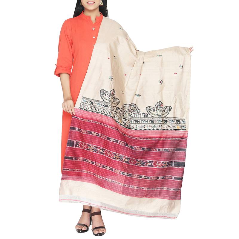 Beige hand print dupion silk dupattas