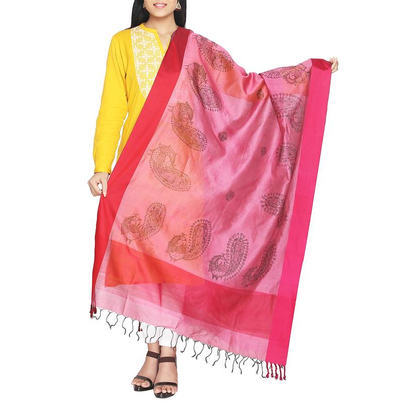 Pink hand print art silk dupattas