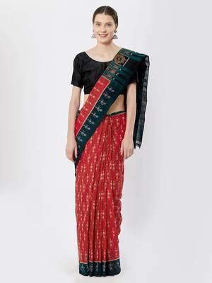 red hand woven cotton saree with blouse 1
