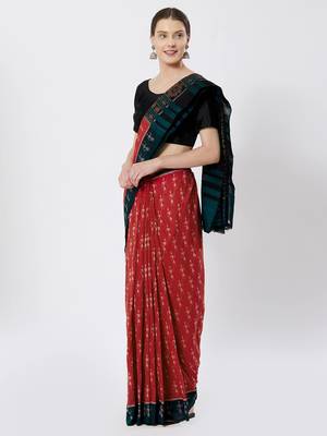 red hand woven cotton saree with blouse 2