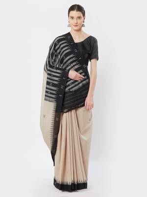 beige hand woven cotton saree 1