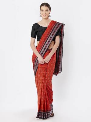 orange hand woven cotton saree 1
