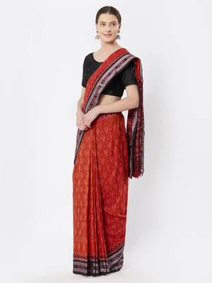 orange hand woven cotton saree 2