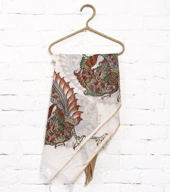 Beige hand print art silk dupattas 1