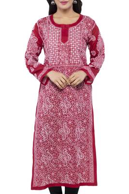 Maroon Embroidered Cotton Chikankari Kurti 4