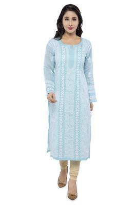 Blue Embroidered Cotton Chikankari Kurti 1