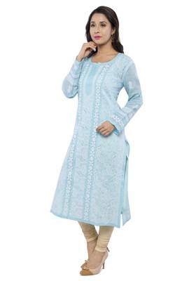Blue Embroidered Cotton Chikankari Kurti 3