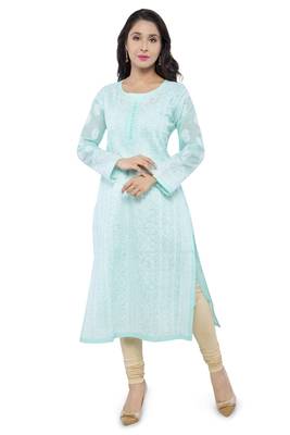 Sea Green Embroidered Cotton Chikankari Kurti 1