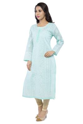 Sea Green Embroidered Cotton Chikankari Kurti 3