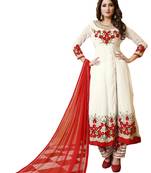 White Embroidered Faux Georgette Salwar With Dupatta