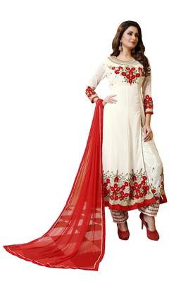 White Embroidered Faux Georgette Salwar With Dupatta 3