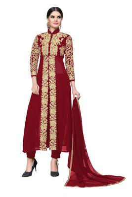 Red Embroidered Faux Georgette Salwar With Dupatta 1