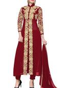 Red Embroidered Faux Georgette Salwar With Dupatta