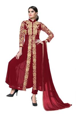 Red Embroidered Faux Georgette Salwar With Dupatta 2
