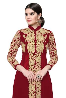 Red Embroidered Faux Georgette Salwar With Dupatta 3