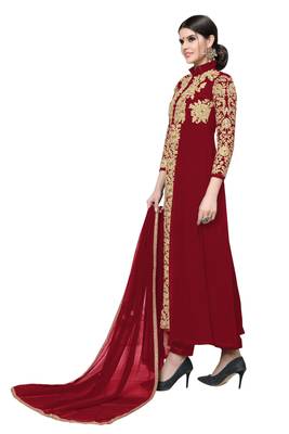 Red Embroidered Faux Georgette Salwar With Dupatta 4