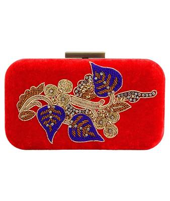 MaFs Women's Hand Embroidered/Zari Zardozi work Box Clutch Bag For Bridal, Casual, Party, Wedding || Red 1