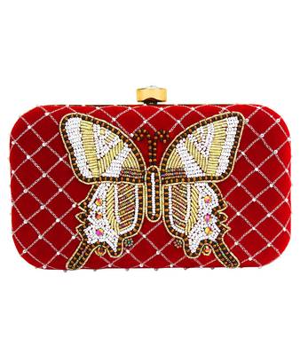 MaFs Women's Hand Embroidered/Zari Zardozi work Box Clutch Bag For Bridal, Casual, Party, Wedding || Red 1