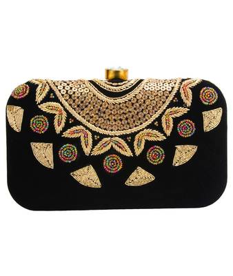 MaFs Women's Hand Embroidered/Zari Zardozi work Box Clutch Bag For Bridal, Casual, Party, Wedding || Black 1