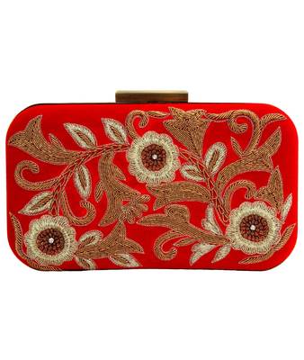 MaFs Women's Hand Embroidered/Zari Zardozi work Box Clutch Bag For Bridal, Casual, Party, Wedding || Red 1