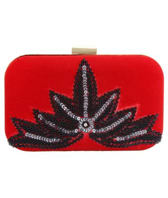 MaFs Women's Hand Embroidered/Zari Zardozi work Box Clutch Bag For Bridal, Casual, Party, Wedding || Red 1