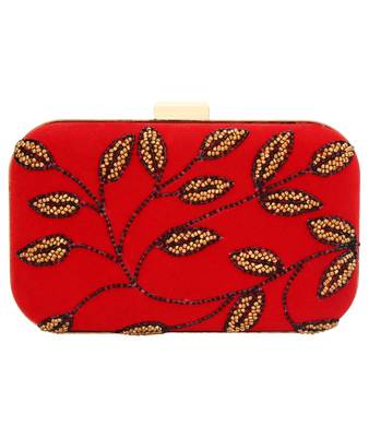 MaFs Women's Hand Embroidered/Zari Zardozi work Box Clutch Bag For Bridal, Casual, Party, Wedding || Red 1
