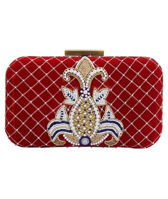 MaFs Women's Hand Embroidered/Zari Zardozi work Box Clutch Bag For Bridal, Casual, Party, Wedding || Red 1