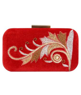MaFs Women's Hand Embroidered/Zari Zardozi work Box Clutch Bag For Bridal, Casual, Party, Wedding || Red 1