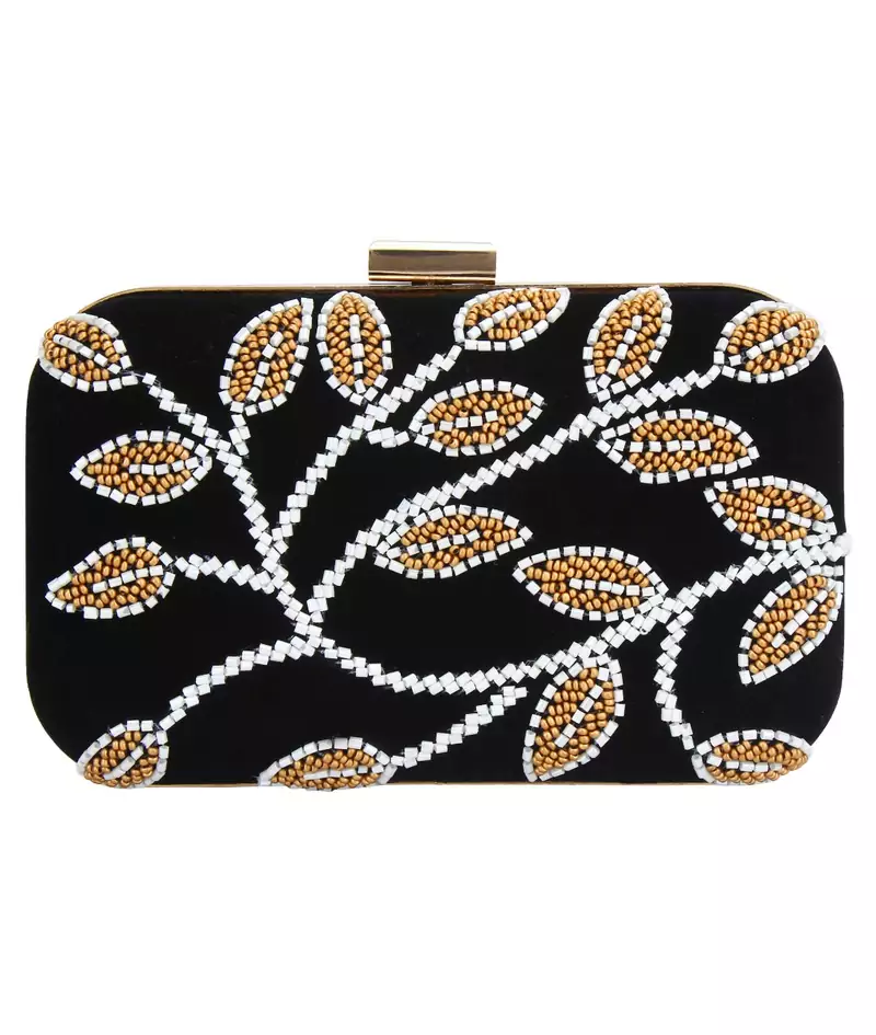 MaFs Women's Hand Embroidered/Zari Zardozi work Box Clutch Bag For Bridal, Casual, Party, Wedding || Black
