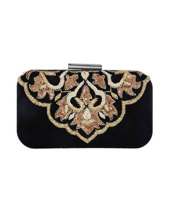 MaFs Women's Hand Embroidered/Zari Zardozi work Box Clutch Bag For Bridal, Casual, Party, Wedding || Black 1