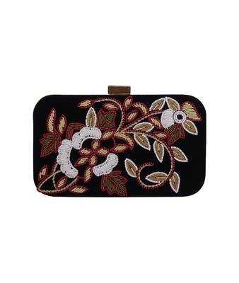 MaFs Women's Hand Embroidered/Zari Zardozi work Box Clutch Bag For Bridal, Casual, Party, Wedding || Black 1