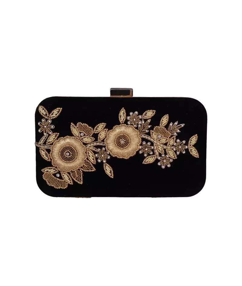 MaFs Women's Hand Embroidered/Zari Zardozi work Box Clutch Bag For Bridal, Casual, Party, Wedding || Black