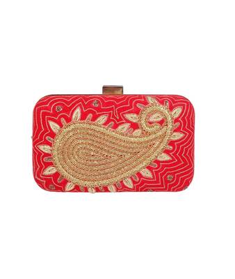 MaFs Women's Hand Embroidered/Zari Zardozi work Box Clutch Bag For Bridal, Casual, Party, Wedding || Red 1