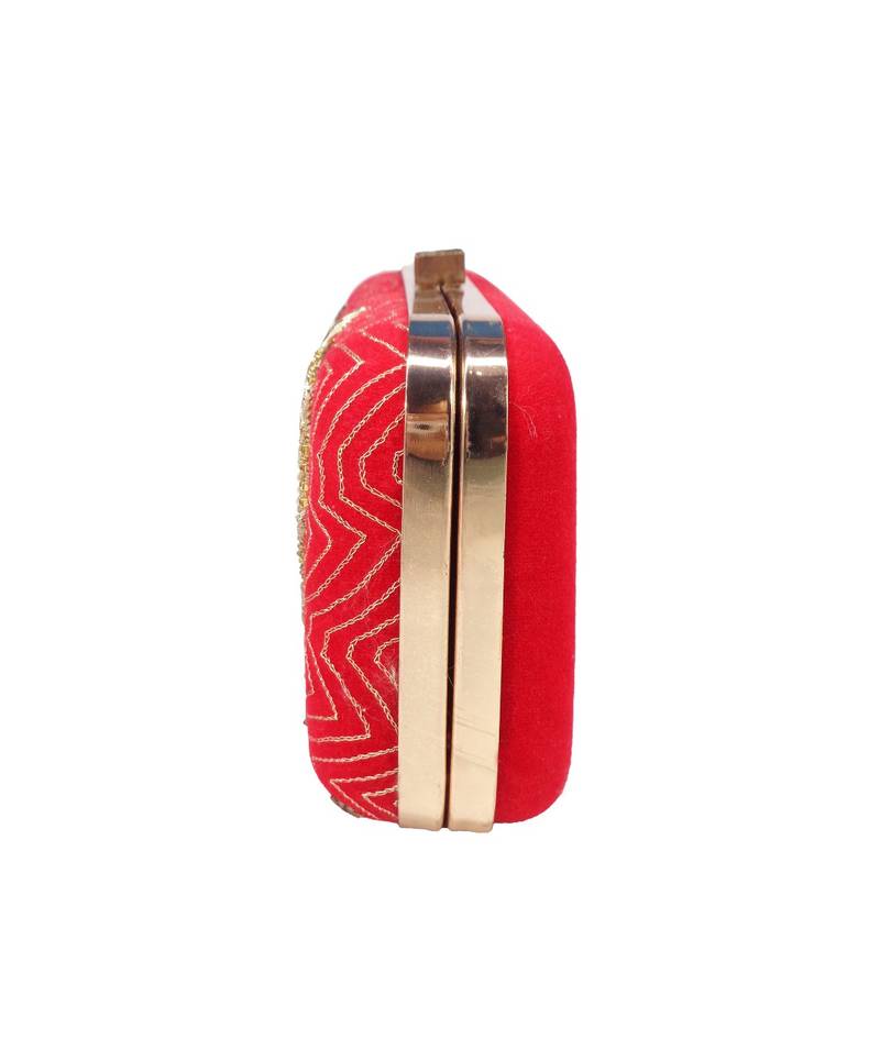 MaFs Women's Hand Embroidered/Zari Zardozi work Box Clutch Bag For Bridal, Casual, Party, Wedding || Red