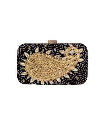 MaFs Women's Hand Embroidered/Zari Zardozi work Box Clutch Bag For Bridal, Casual, Party, Wedding || Black 1